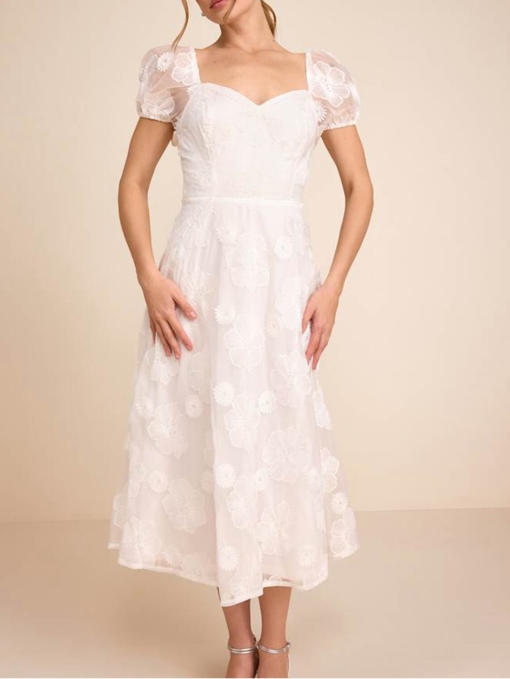 NWT Lulus Women’s Sweetest Behavior White Embroidered Puff Sleeve Midi Dress